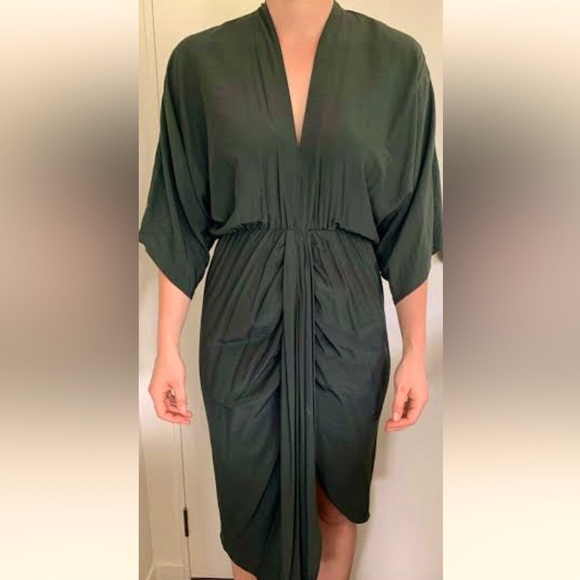 SHEIKE Fortress Olive Green Kimono Sleeve Draped Wedding Evening Midi Dress - Picture 2 of 15